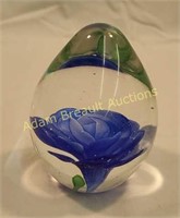 4 in blown glass blue flower paperweight