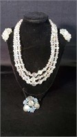 Vtg Brooch & Crystal Necklace & Earrings