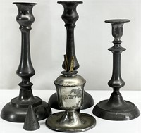 Antique Pewter Whale Oil Lamp & Candlesticks