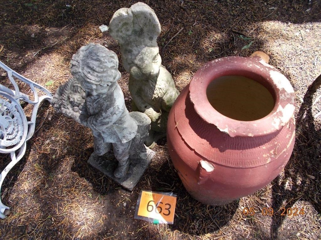 Two Concrete Garden Statutes, Pottery Vase