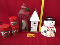 Snowman Cookie Jar, Birdhouse, Lantern, Tins