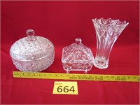 Two Lidded Bowls / Crystal Vase 10"