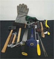 Group of tools and a pair of gloves and a vintage