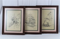 3 Ships & Train Drawings/Prints, Signed Frederick