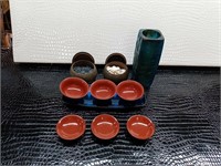 Japanese Bowls, Tray, wooden canisters holding