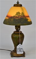 Boudoir lamp, reverse painted landscape shade