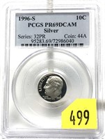 1996-S Proof dime, PCGS slab certified PR69