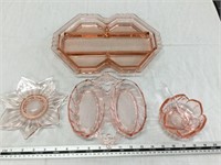 Pink glass tray and dishes 4 pcs