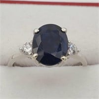 STERLING SILVER 2.5CTS BLUE SAPPHIRE & CUBIC RING