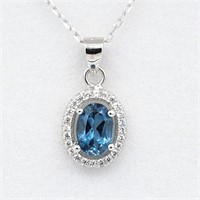 STERLING BLUE TOPAZ & CUBIC PENDANT W/ CHAIN