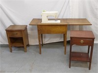 2 END TABLES AND SINGER SEWING MACHINE AND CABINET