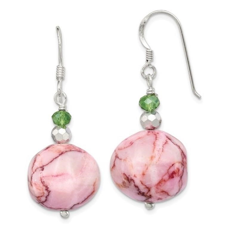 Sterling Silver Green Crystal Pink Jasper Earrings