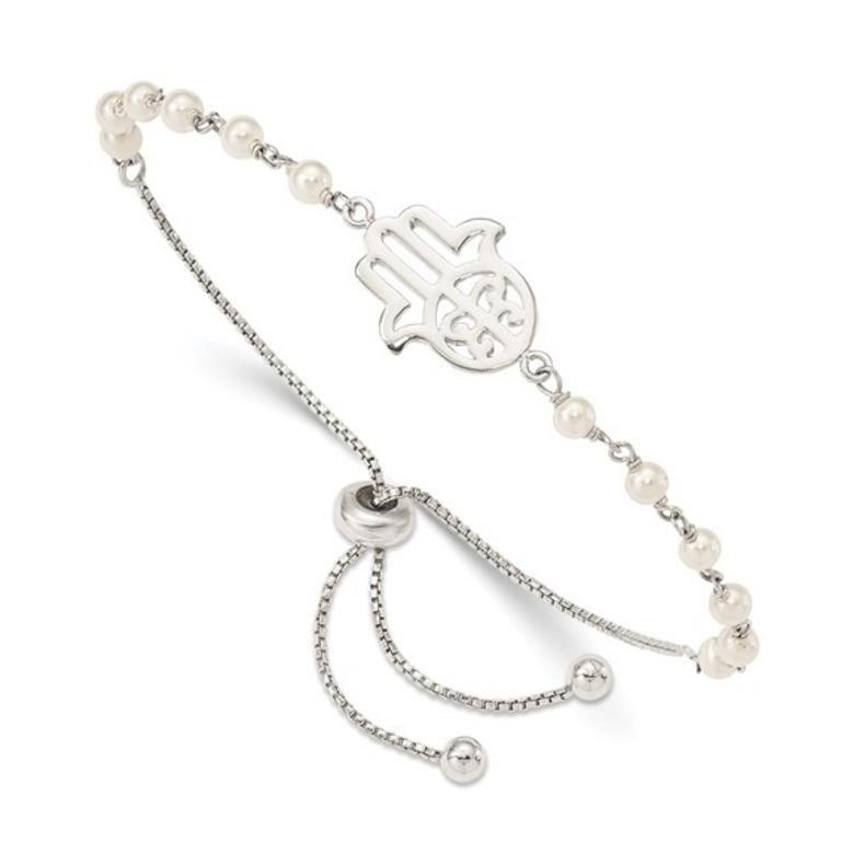 Sterling Silver Hamsa Simulated Pearl Bracelet