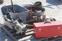 MISC. CHAINS, TOOLS, MOTOR (not running), TOOL BOX