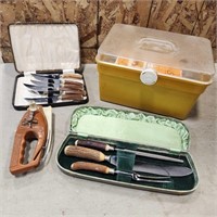 Pocket Fishing pole, steak knives, sewing box