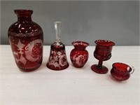 Cranberry Glass Vases, Bell & 2 Glasses