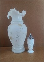 White Fenton Style Vase w/ Milk Glass Shaker