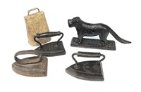 Lot, three sad irons, cast iron dog nutcracker