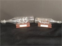 Hand Crafted Glass Ships in Bottles with Wood Base