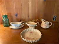 Two Floral Gravy Dishes, Creamer and Pie Plate