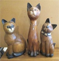 (3) Large Wood Cat Statues