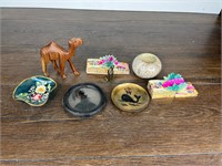 Lot of Shelf Trinkets- Dishes, Carved Camel, Hand-