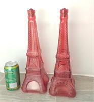 PAIR OF CRANBERRY GLASS EIFFEL TOWER DECANTERS