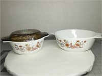 2 Pyrex England Woodland Dishes (1 Lid)
