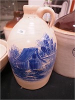 Stoneware 11 1/2" high jug with blue painted barn