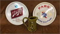 Beer trays, old crow pitcher