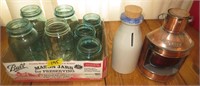 Green canning jars, coin bank, Port light