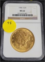 1904 LIBERTY $20 GOLD COIN - GRADED MS62