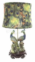 Porcelain Exotic Birds Table Lamp W/ Peacock Shade