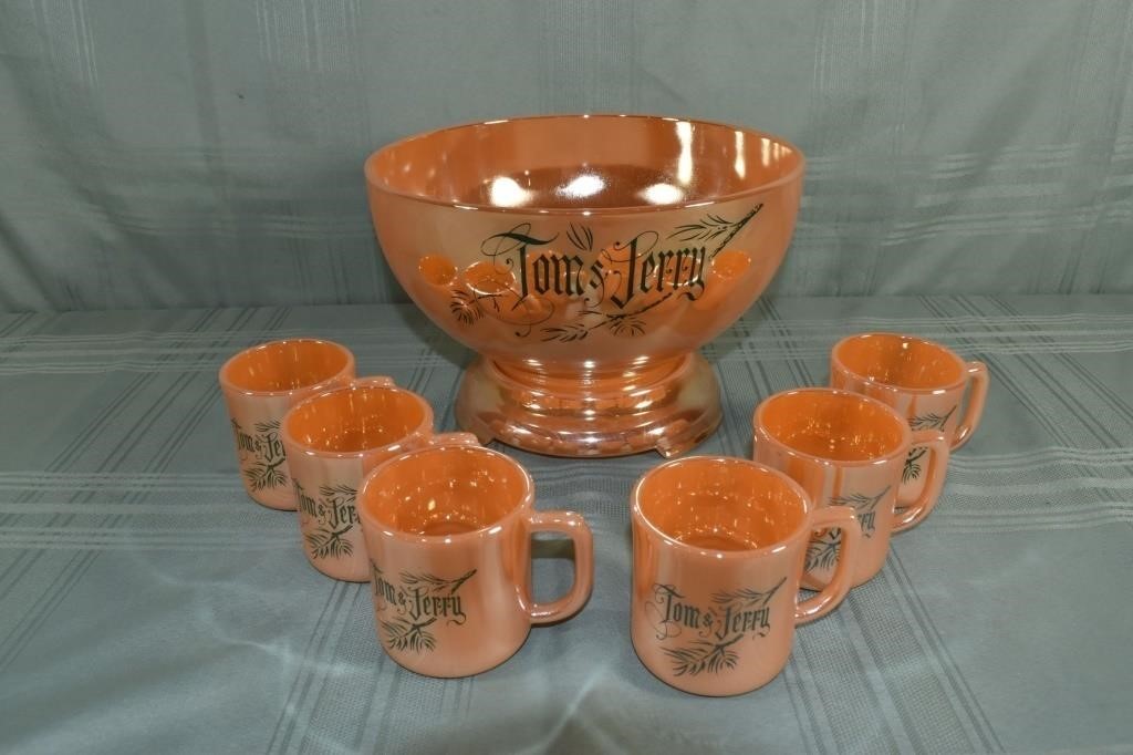 Fire King Tom & Jerry punch bowl set: bowl with pe