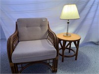 Rattan Chair, End Table & Table Lamp