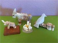 Carved Stone Donkey, Bird, Elephant + Figurines