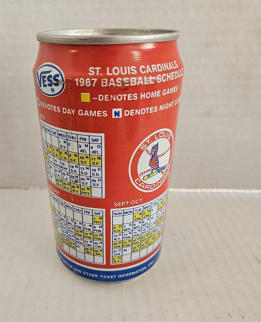 1987 Vess Cola Cardinals Baseball Can Coin Bank