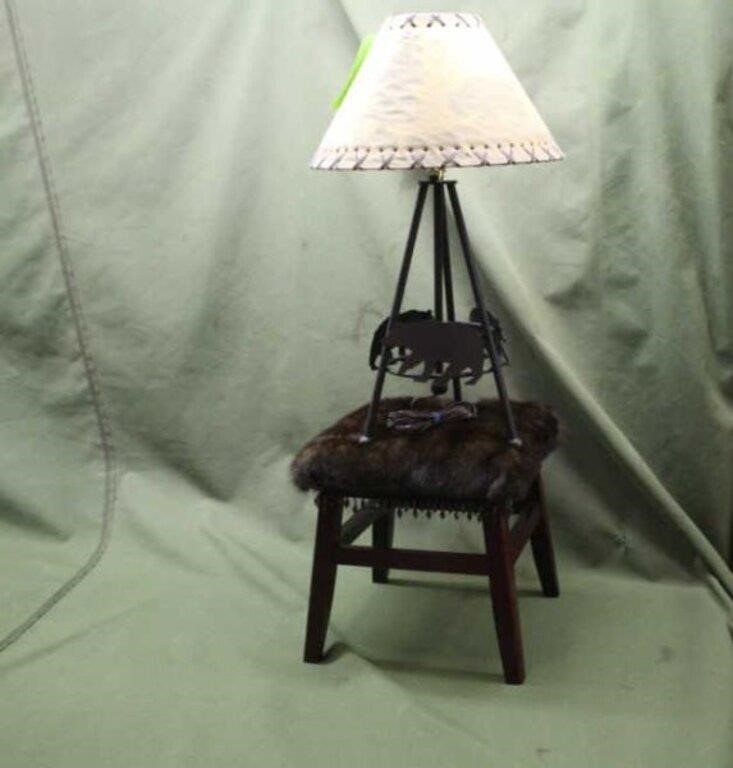 Metal Stand Bear Lamp Approx 24'' & Fur Step Stool