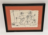 VINTAGE FRAMED DRAWING SIGNED LADIES AT PARTY