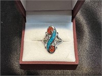 Native American Ring Turquoise and Coral SZ 7