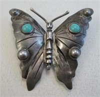 SS & Turquoise Butterfly Pin - Hallmarked
