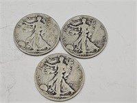 3- 1920 Walking Liberty Silver Half Dollar Coins