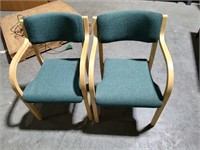 2 Wooden Armchairs with Green Fabric