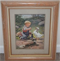 Vtg Stuart Boy Puppy & Duck Framed Calendar Print