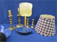 brass candlesticks -hand fan -pottery piece -lamp