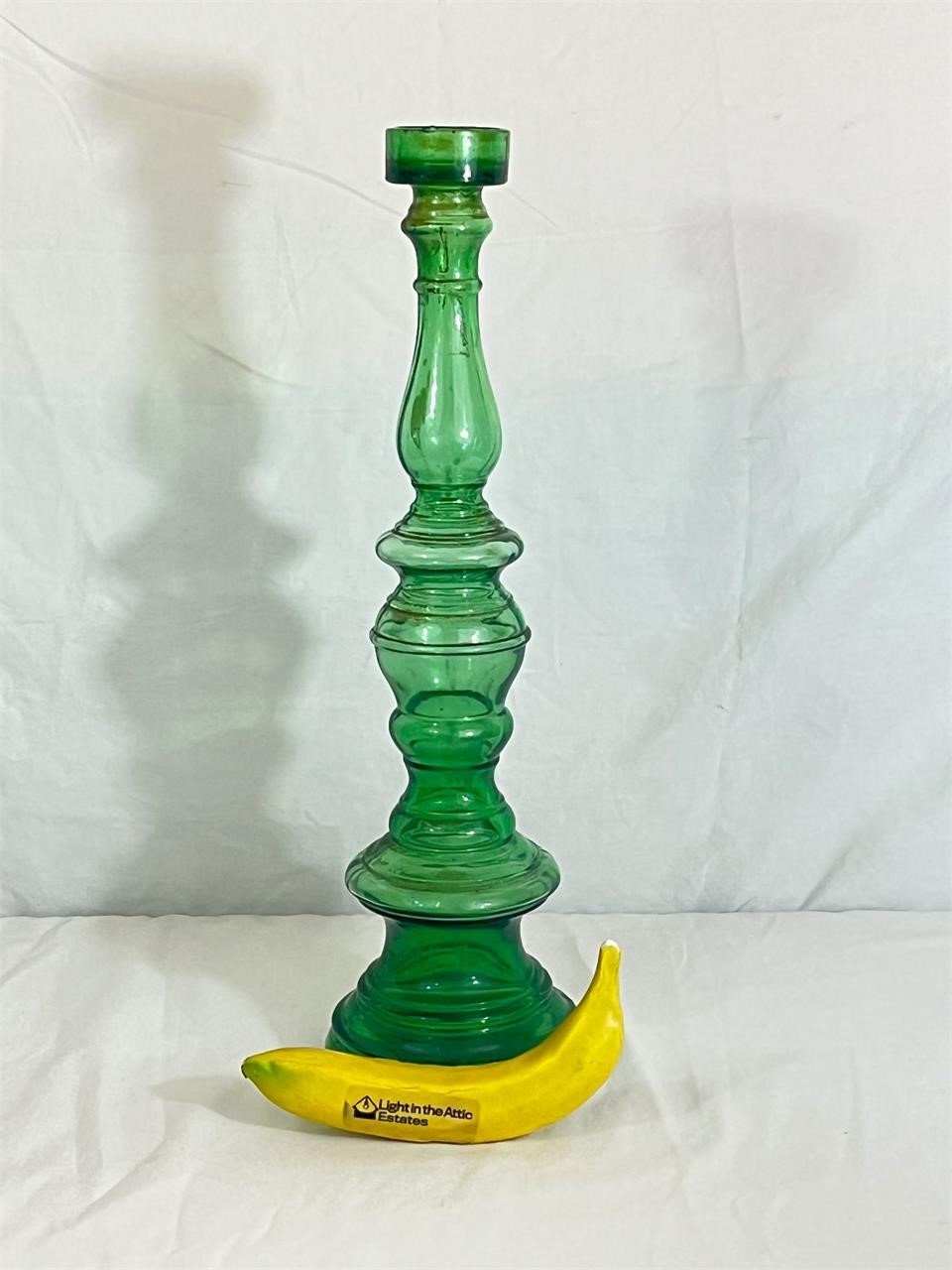 Mid-Century Pressed Green Glass Candlestick