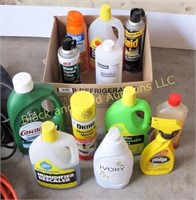 Box of cleaners, bug spray, more