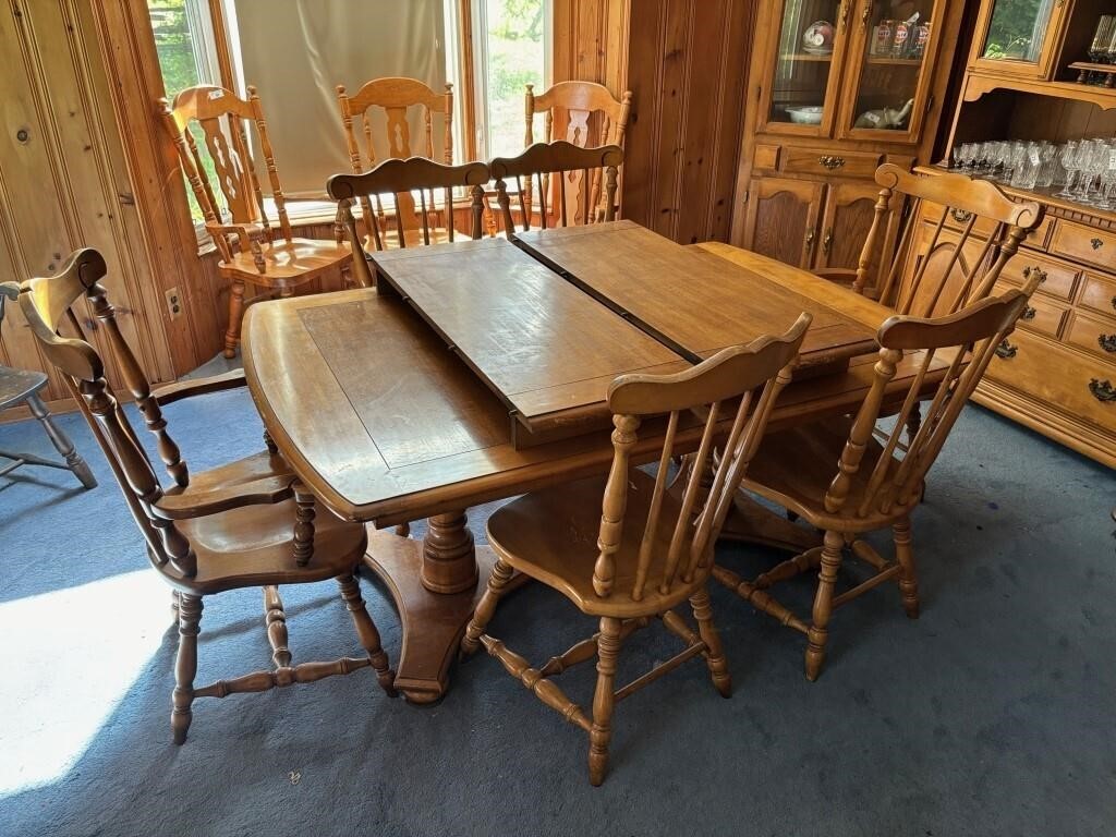 Wood Dining Table w/ Six Chairs, Two Leaves