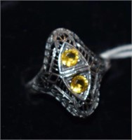 Sterling Silver Art Deco Style Ring w/ Yellow