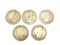 5 Barber Quarters 1904, 1905, 1906, 1907, 1907-D